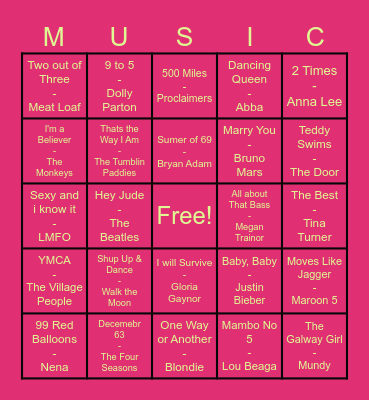 Music Bingo @Bradys Bingo Card