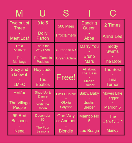 Music Bingo @Bradys Bingo Card