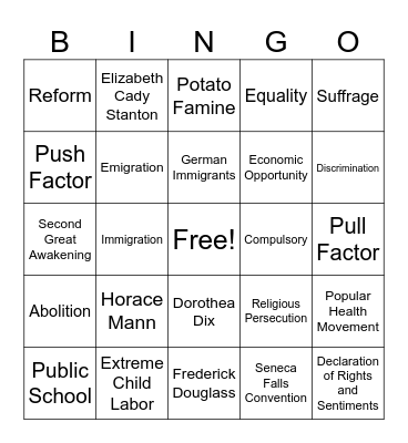 Reform Movements Bingo Card