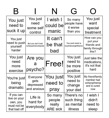 Mental Illness Stigma Bingo Card