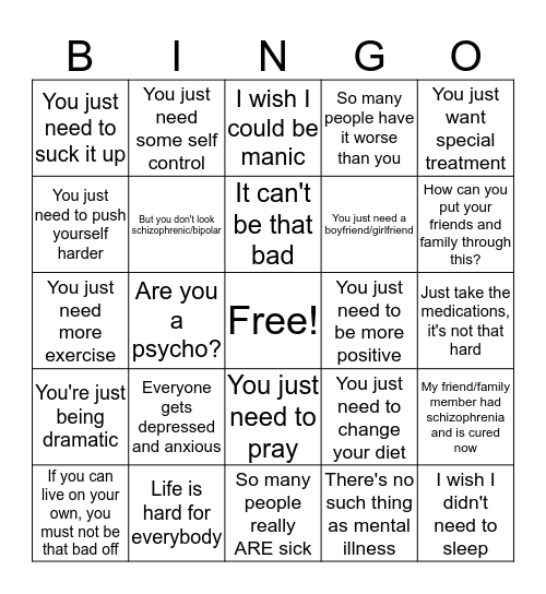 Mental Illness Stigma Bingo Card