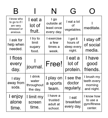Healthy Habits Bingo Card