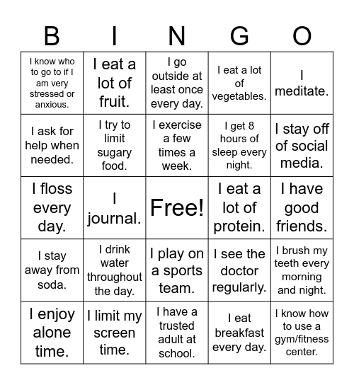 Healthy Habits Bingo Card