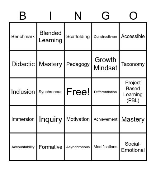 Educational Words Bingo Card