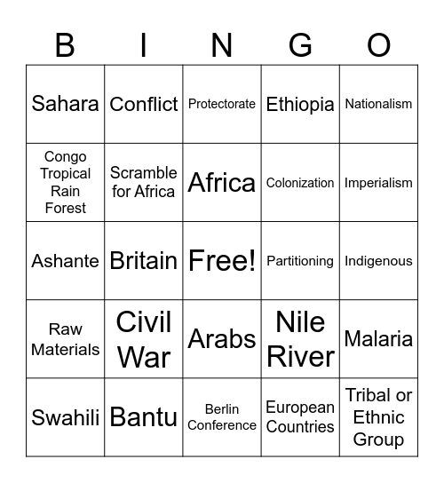 SCRAMBLE FOR AFRICA Bingo Card