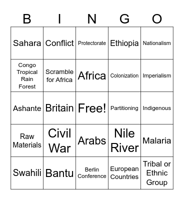 SCRAMBLE FOR AFRICA Bingo Card