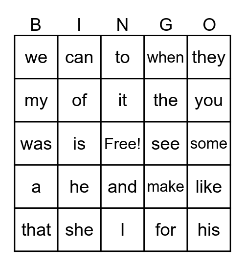 Sigth words Bingo Card