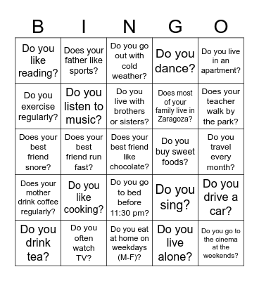 Present Simple Bingo Card