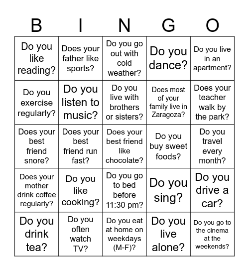 Present Simple Bingo Card
