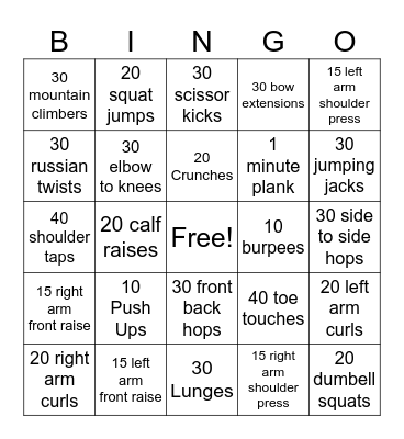 Fitness Bingo 2.0 Bingo Card