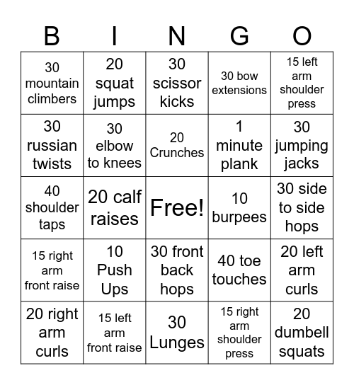Fitness Bingo 2.0 Bingo Card