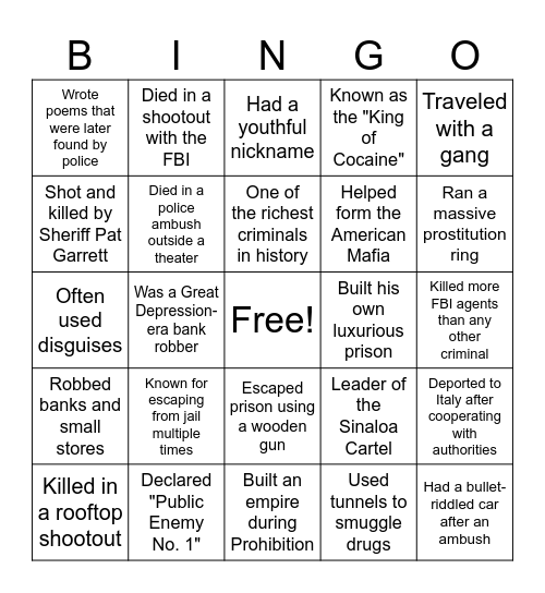 Notorious Criminals Bingo Card