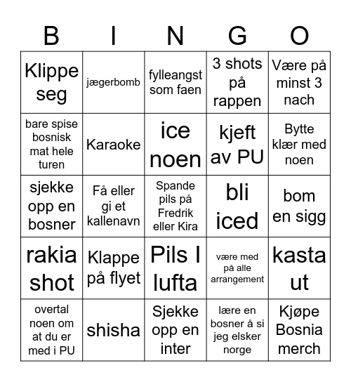 BOSNISK BINGO Card