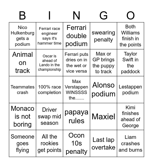 F1 but ik a little more Bingo Card