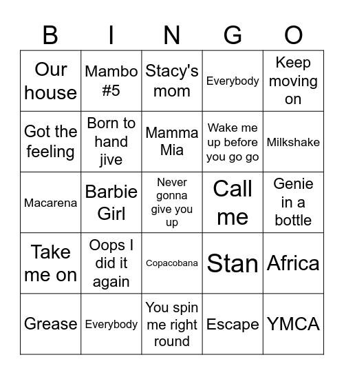 MUSIC BINGO 80s/90s/00s Bingo Card