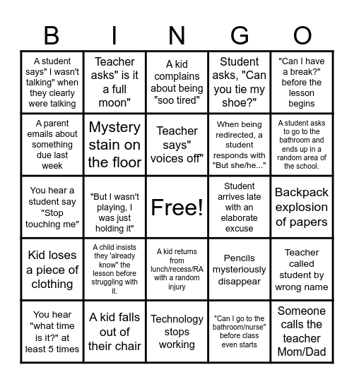 Elementary School Mishaps Bingo Card