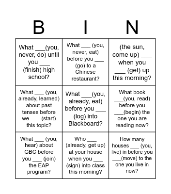 Past Perfect & Past Simple Bingo Card