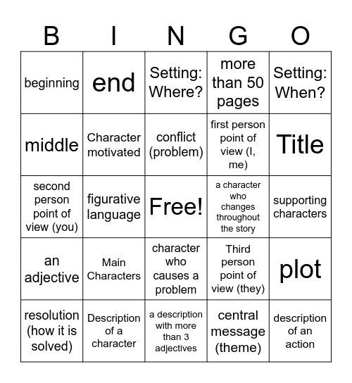 Fiction Bingo Card