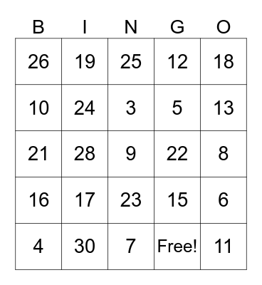 Addition to 30 Bingo Card