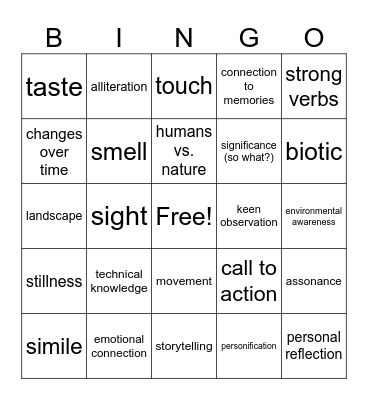 Nature Writing Bingo Card