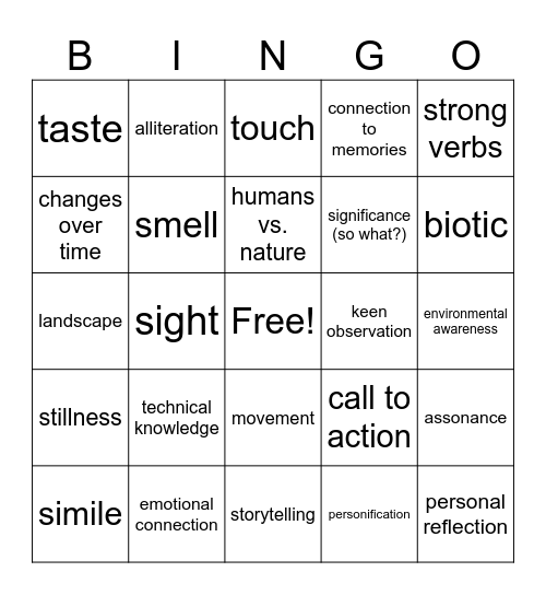 Nature Writing Bingo Card