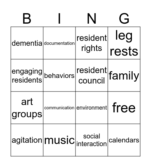 Activities Bingo In Service Bingo Card