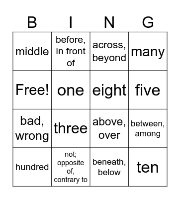 Prefix Morphology Bingo Card