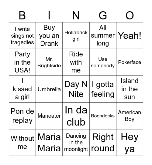 Summer hits of the 2000's Bingo Card