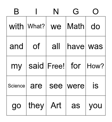 Sight Word Bingo Card