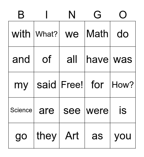 Sight Word Bingo Card