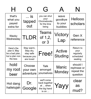 Hogan Sayings Bingo Card