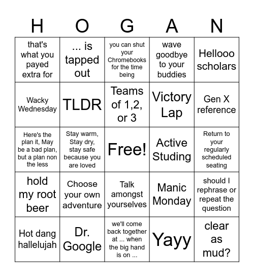 Hogan Sayings Bingo Card