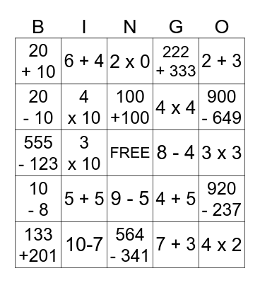 Addition and Subtraction Bingo Card