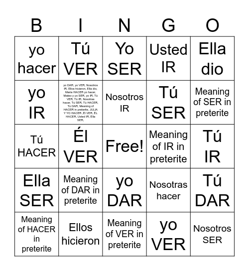 Main five irregular preterite Bingo Card