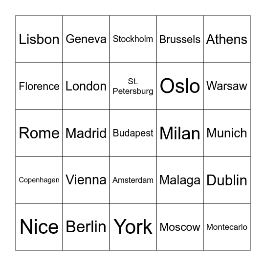 European Cities Bingo Card