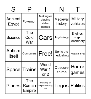 Common Special Interest Bingo Card