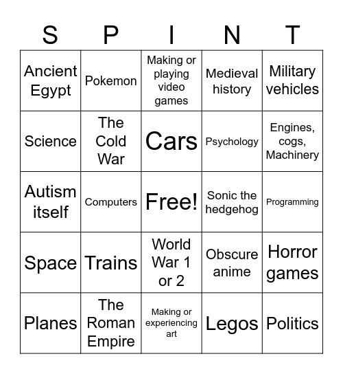 Common Special Interest Bingo Card