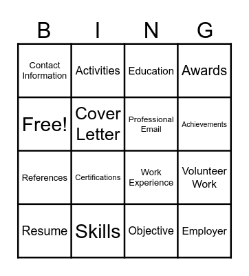 Resume/Cover Letter Bingo Card