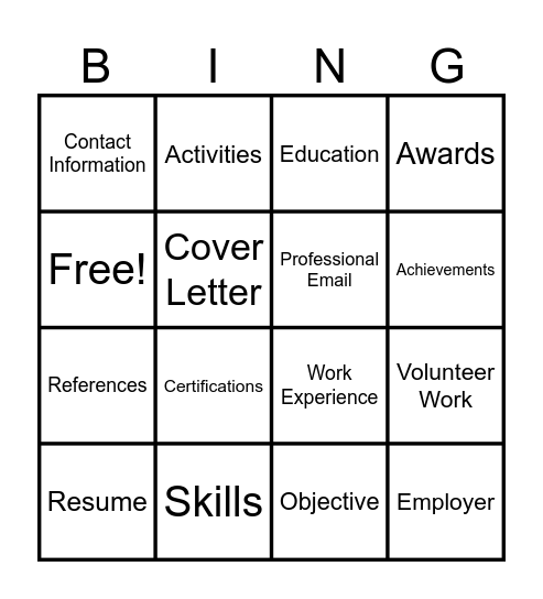 Resume/Cover Letter Bingo Card