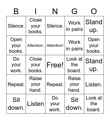 Classroom Commands Bingo Card