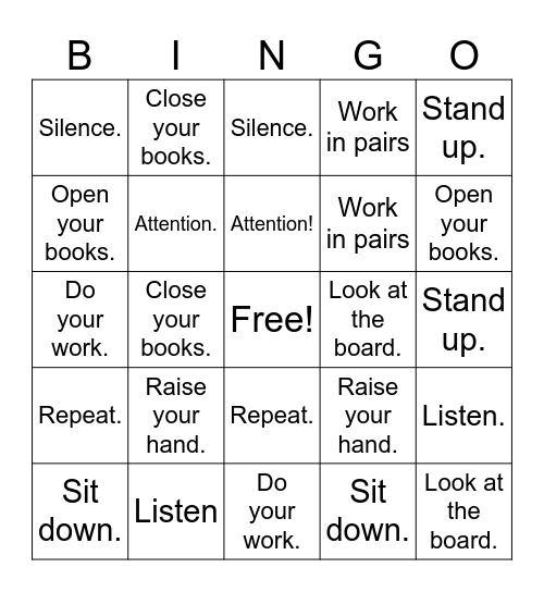 Classroom Commands Bingo Card