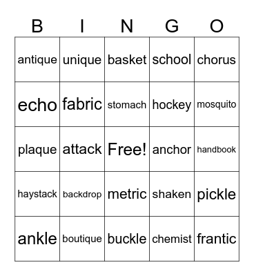 Sound of K represented by different letters Bingo Card
