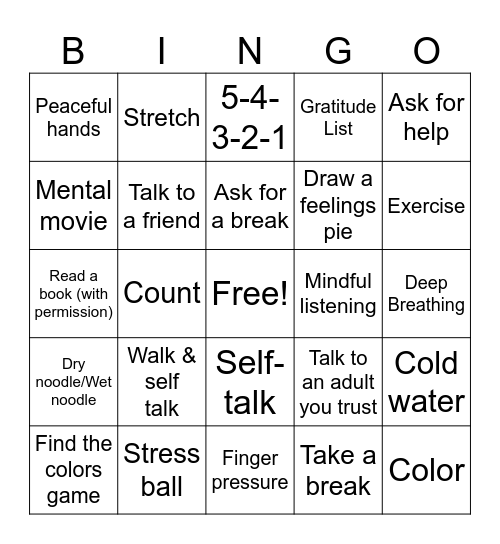 Coping Skills Bingo Card