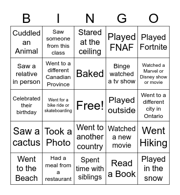 March Break Bingo Card