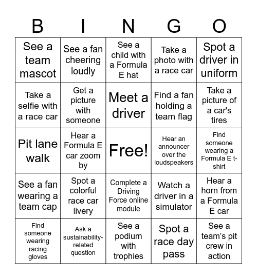 Driving Force Bingo Card