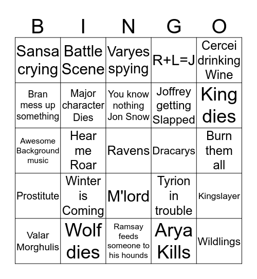 Game of Thrones Bingo Card