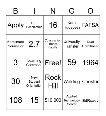 Campus Tour BINGO Card