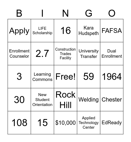 Campus Tour BINGO Card