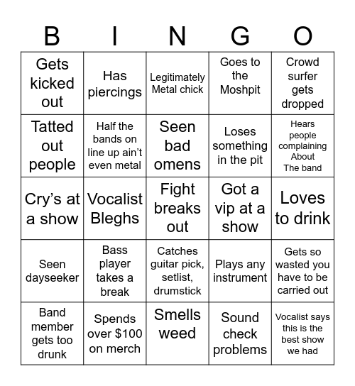 Metalcore Bingo Card