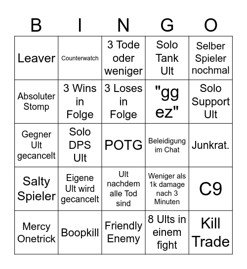 Overwatch Ranked Bingo Card